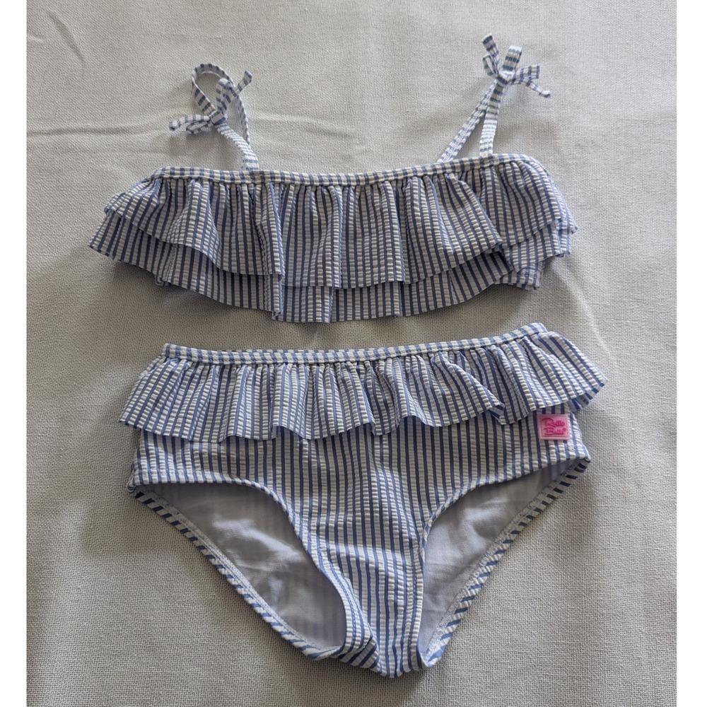 RuffleButts Bikini Swimsuit Girls Size 8 Blue White Seersucker Stripe Ruffle 2pc